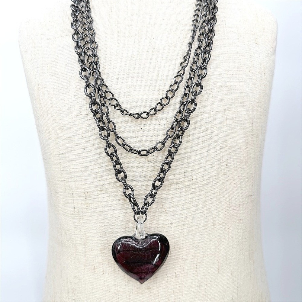 Triple Strand Chunky Necklace Glass Heart Pendant Goth Romantic Grunge Edgy Punk